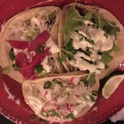 Photo of Diego's Taqueria - Kingston, NY, United States. Top left- barbacoa, Top right- beet, bottom- pollo verde.
