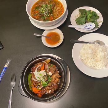 Saigon Restaurant - Pork clay pot (bottom) and Pho (top) - Vietnamese Near Me - Omaha, Nebraska