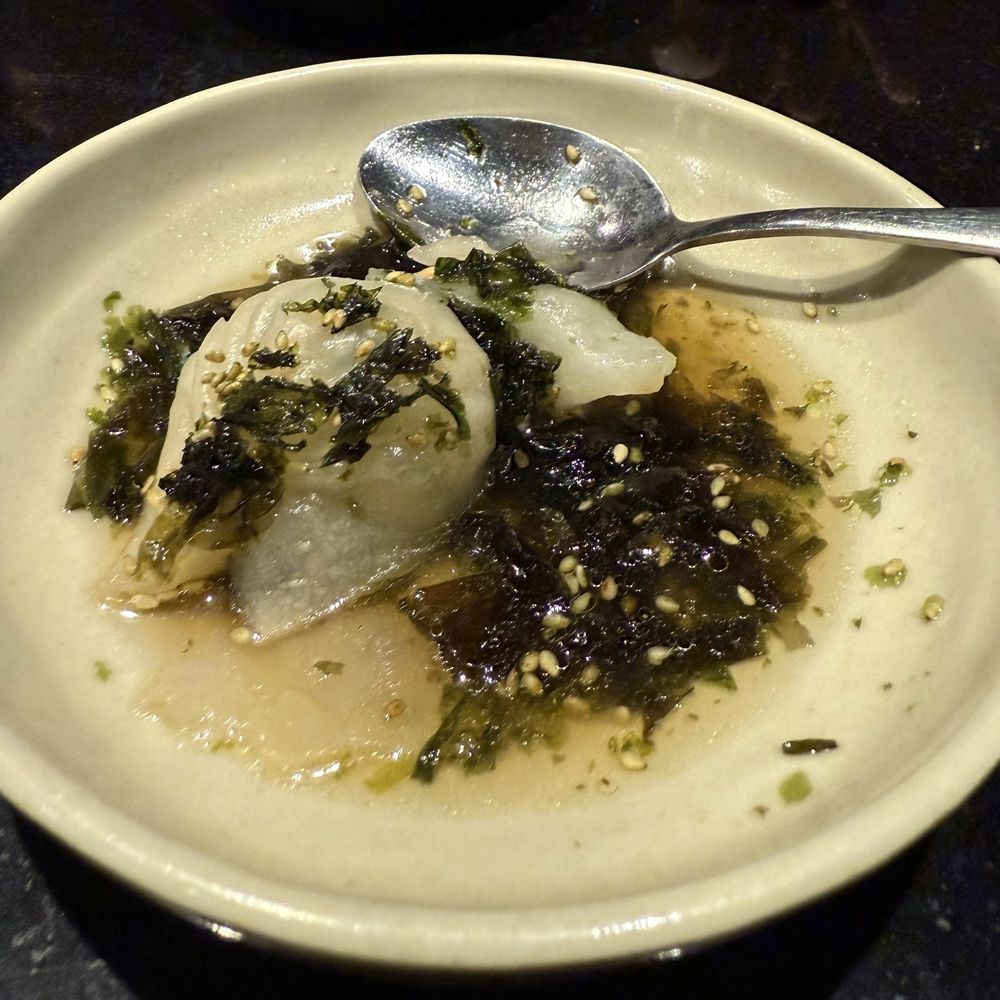 L'Avant Comptoir de la Mer - One of the tapas of the day, shrimp ravioli in a seaweed bouillon. - Seafood Near Me - Paris, 75 L'Avant Comptoir de la Mer - One of the tapas of the day, shrimp ravioli in a seaweed bouillon. - Seafood Near Me - Paris, 75