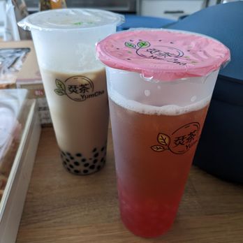 YumCha - Yumcha milk tea w/ boba & lychee oolong w/ strawberry popping boba - Bubble Tea Near Me - Waltham, Massachusetts YumCha - Yumcha milk tea w/ boba & lychee oolong w/ strawberry popping boba - Bubble Tea Near Me - Waltham, Massachusetts