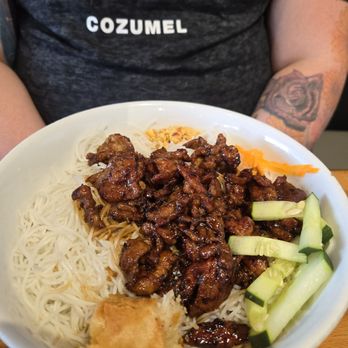 Happy Wok - Pork vermicelli with eggroll. - Asian Fusion Near Me - Liberty Hill, Texas Happy Wok - Pork vermicelli with eggroll. - Asian Fusion Near Me - Liberty Hill, Texas