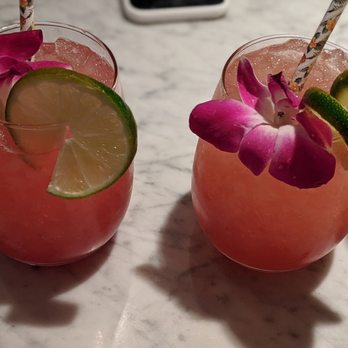 Frida's - Hibiscus Margarita on the left, Hibiscus Maria on the right (vodka instead of tequila). - Vegetarian Near Me - University City, Missouri