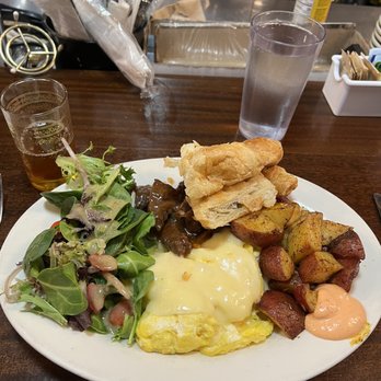 Cafe Bonjour - Steak tips, eggs with guyere, Bonjour potatoes, croissant, and perfectly dressed greens - Breakfast & Brunch Near Me - Boston, Massachusetts Cafe Bonjour - Steak tips, eggs with guyere, Bonjour potatoes, croissant, and perfectly dressed greens - Breakfast & Brunch Near Me - Boston, Massachusetts