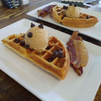 Scratch - Buckeye waffles with homemade peanut butter sauce on top. - Breakfast & Brunch Near Me - Independence, Ohio