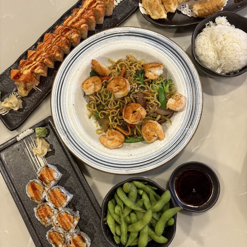 Edamame, sweet potato roll, dragon roll, gyoza, yaki soba noodles, side of shrimp teriyaki. Edamame, sweet potato roll, dragon roll, gyoza, yaki soba noodles, side of shrimp teriyaki.