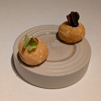 Andrew Fairlie - @endoedibles on Instagram 07/03/26 Comte gougere - bloody mary, almond - Modern European Near Me - Auchterarder, PKN