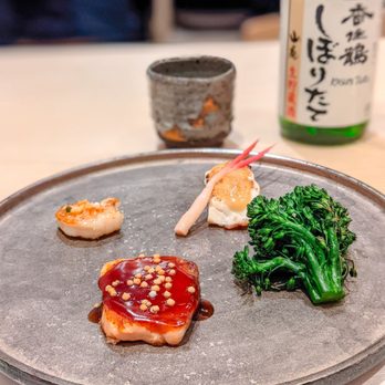 Kabuto - Scottish salmon, Shrimp, Bronzini w/ yuzu miso, Grilled broccolini.  IG: @sherryeatworld - Sushi Bars Near Me - Las Vegas, Nevada
