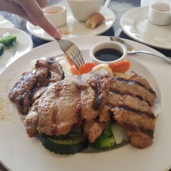 Thai Basil - BBQ pork with veggies! Rice and spring roll included on the side. YUM!! - Thai Near Me - Tempe, Arizona