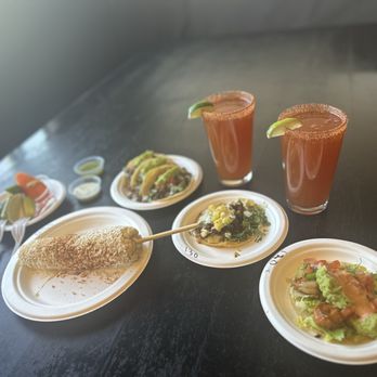 Taco Y Taco - Modella Micheladas, Elote, a grilled shrimp taco, three Carne Asada tacos, and one Al pastor taco - Mexican Near Me - Henderson, Nevada