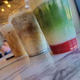 Salted caramel cream earl grey mill tea, black sesame latte, and a strawberry matcha. Salted caramel cream earl grey mill tea, black sesame latte, and a strawberry matcha.