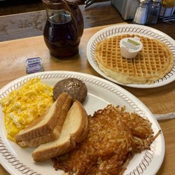 Waffle House - All-Star Special Regular ! Hash browns , toast , eggs scrambled with cheese , regular waffle , and sausage!
