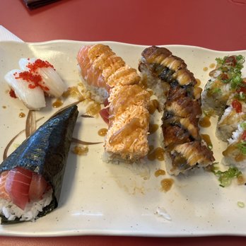 Iou Sushi III - Rainbow Maki, 2 Piece Ika Nigiri, Saudalor Roll, Super Q Roll, and Godzilla Roll - Sushi Bars Near Me - Tucson, Arizona Iou Sushi III - Rainbow Maki, 2 Piece Ika Nigiri, Saudalor Roll, Super Q Roll, and Godzilla Roll - Sushi Bars Near Me - Tucson, Arizona