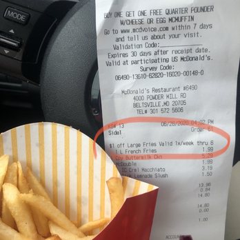 McDonald's - a receipt for fries in a paper bag - Fast Food Near Me - Beltsville, Maryland