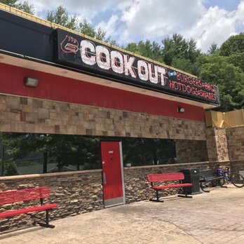 Cook Out - a red bench outside a restaurant - Burgers Near Me - Boone, North Carolina