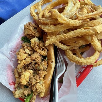 Gilbert's Chowder House - Fried Clam roll w upgrade to onion rings - Seafood Near Me - Portland, Maine Gilbert's Chowder House - Fried Clam roll w upgrade to onion rings - Seafood Near Me - Portland, Maine