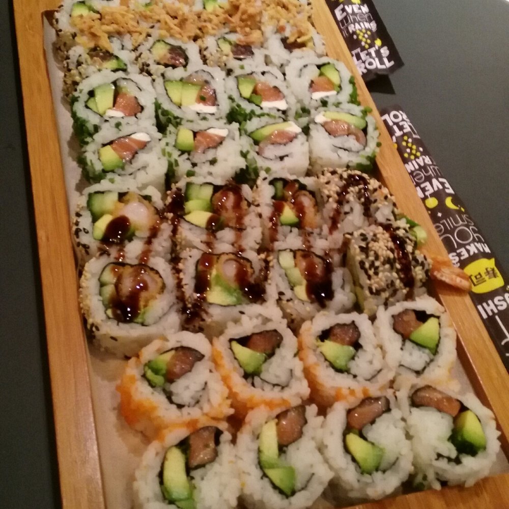 Top to bottom, tuna, salmon with cream, Dragon rolls(with shrimp),up the river(salmon).