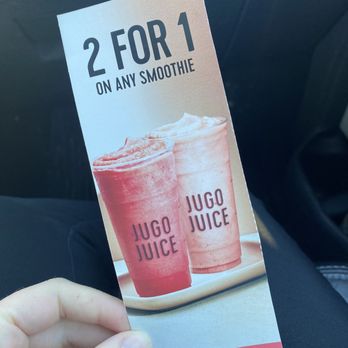 Jugo Juice - a hand holding a 2 for 1 on any smoothie - Juice Bars & Smoothies Near Me - Calgary, Alberta Jugo Juice - a hand holding a 2 for 1 on any smoothie - Juice Bars & Smoothies Near Me - Calgary, Alberta