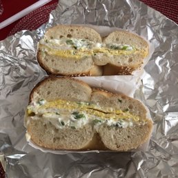 Sesame bagel, eggs, scallion cream cheese (we ordered delivery) Sesame bagel, eggs, scallion cream cheese (we ordered delivery)