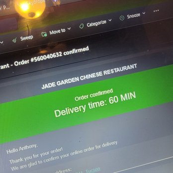 Jade Garden - The screen shows a confirmed order from Jade Garden Chinese Restaurant with a 60-minute delivery time, including order details and greeting. - Chinese Near Me - Tucson, Arizona