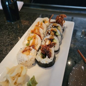Sushi Den - Crispy Bincho Roll (left) Spider Roll, soft shell crab (right) - Japanese Near Me - Denver, Colorado