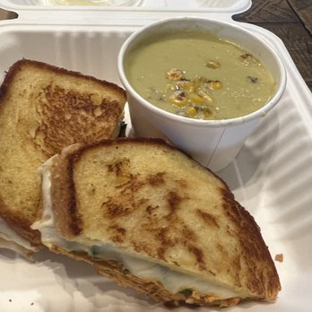 Soup'r Cheesy - Buffalo Chicken Sandwich with Green Chili Bisque. - Food Trucks Near Me Soup'r Cheesy - Buffalo Chicken Sandwich with Green Chili Bisque. - Food Trucks Near Me