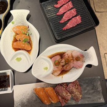 Chubby Cattle - Salmon carpaccio, yellowtail carpaccio, salmon nigiri, and wagyu nigiri - Barbeque Near Me - Canoga Park, California Chubby Cattle - Salmon carpaccio, yellowtail carpaccio, salmon nigiri, and wagyu nigiri - Barbeque Near Me - Canoga Park, California