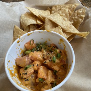 FISH DISTRICT - $10 meager poke with stale chips. This pic actually makes it look like more than it is. - Seafood Near Me - San Diego, California FISH DISTRICT - $10 meager poke with stale chips. This pic actually makes it look like more than it is. - Seafood Near Me - San Diego, California