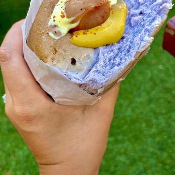 Hula Dog - Bacon Taro Bun, Polish Sausage, Habanero Sauce, Mango Relish, Yellow Mustard and Sriracha - Hot Dogs Near Me - Honolulu, Hawaii Hula Dog - Bacon Taro Bun, Polish Sausage, Habanero Sauce, Mango Relish, Yellow Mustard and Sriracha - Hot Dogs Near Me - Honolulu, Hawaii