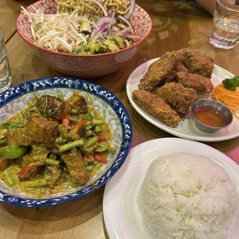 Koh Lipe - Khao Soi (Top dish)  Peek Gai Tom Yum (right dish)  Prik Gaeng Moo Krob (bottom left dish) - Thai Near Me - Scarborough, Ontario