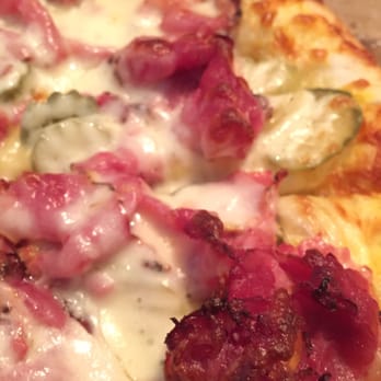 Enzo's Pizza - Pastrami pizza!  Nice cuts of pastrami, crisp pickles and mustard (instead of pizza sauce) - Pizza Near Me - Riverside, California