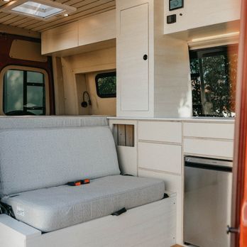 The Good Van - Contemporary Camper conversion interior with Dometic fridge and Max air fan - Auto Customization Near Me - Los Alamitos, California The Good Van - Contemporary Camper conversion interior with Dometic fridge and Max air fan - Auto Customization Near Me - Los Alamitos, California