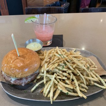 Village Burger Bar - Southwest Burger, Truffle Fries & Strawberry Margarita on the rocks - Burgers Near Me - Allen, Texas Village Burger Bar - Southwest Burger, Truffle Fries & Strawberry Margarita on the rocks - Burgers Near Me - Allen, Texas