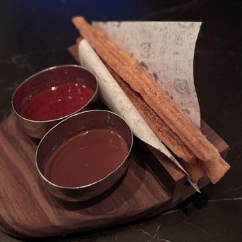 Maria Isabel - Skinny Churros w/ palo santo chocolate & strawberry chamoy sauce ($14) - Mexican Near Me - San Francisco, California Maria Isabel - Skinny Churros w/ palo santo chocolate & strawberry chamoy sauce ($14) - Mexican Near Me - San Francisco, California