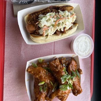 Dogtown - Mongo with red hot and chicken strip special - Hot Dogs Near Me - Bethel, Connecticut