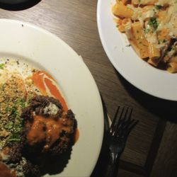 Finn Bar - Mushroom falafel on a crunchy spring vegetable salad & pasta alla vodka