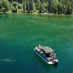SWA Watersports- Homewood - Drone view over rented 27' pontoon boat in Emerald Bay - South Lake Tahoe