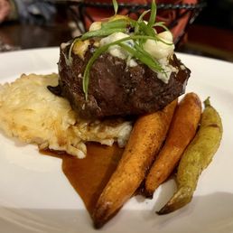 7 ounce prime sirloin steak, with Point Reyes blue cheese crumbles. Perfectly cooked, and delicious beefy flavor. 7 ounce prime sirloin steak, with Point Reyes blue cheese crumbles. Perfectly cooked, and delicious beefy flavor.