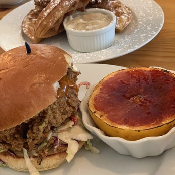 Wild Fig Kitchen - From top to bottom: fried chicken and waffles; southern fried chicken sandwich with a side of grapefruit brûlée. - Breakfast & Brunch Near Me - Coarsegold, California Wild Fig Kitchen - From top to bottom: fried chicken and waffles; southern fried chicken sandwich with a side of grapefruit brûlée. - Breakfast & Brunch Near Me - Coarsegold, California
