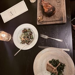 Pork chop, Seared Sablefish, Brussel sprouts