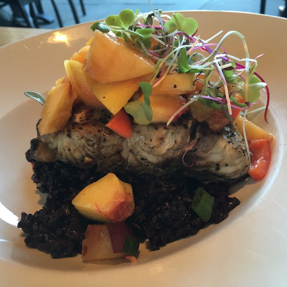 Ports Cafe - Red snapper with peach salsa and black rice - New American Near Me - Geneva, New York Ports Cafe - Red snapper with peach salsa and black rice - New American Near Me - Geneva, New York