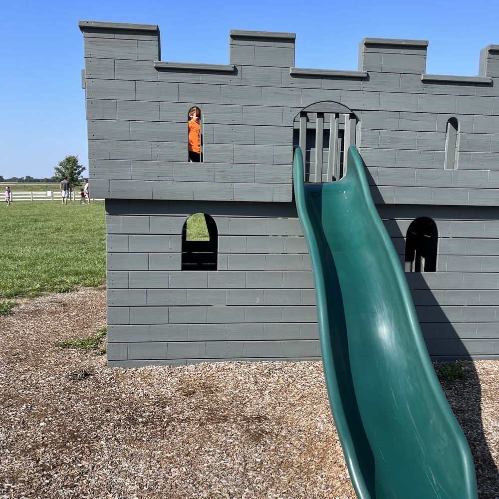 Keller's Farmstand - a green slide in front of a castle - Pick Your Own Farms Near Me - Oswego, Illinois Keller's Farmstand - a green slide in front of a castle - Pick Your Own Farms Near Me - Oswego, Illinois
