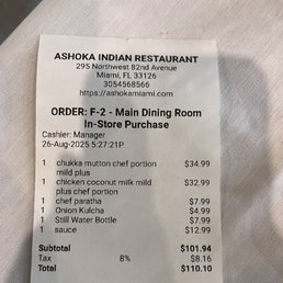 Our receipt - $110 before tip for a dinner for 2. We expected our tab to be a fraction of this when we ordered. Our receipt - $110 before tip for a dinner for 2. We expected our tab to be a fraction of this when we ordered.
