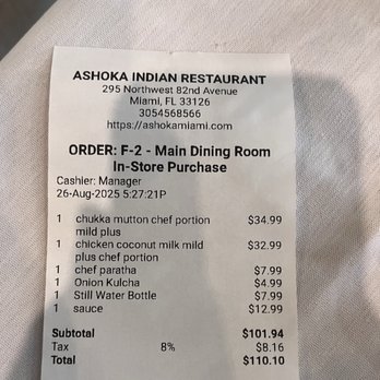 Ashoka Indian Restaurant - Miami - Our receipt - $110 before tip for a dinner for 2. We expected our tab to be a fraction of this when we ordered. - Indian Near Me - Miami, Florida Ashoka Indian Restaurant - Miami - Our receipt - $110 before tip for a dinner for 2. We expected our tab to be a fraction of this when we ordered. - Indian Near Me - Miami, Florida