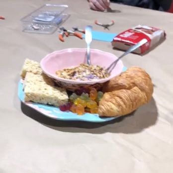 Corks N Crafts - This is their "brunch" for 2 people to share for their Sunday class. Yogurt with granola, one croissant, gummy bears & rice crispy treats. - Paint & Sip Near Me - Las Vegas, Nevada