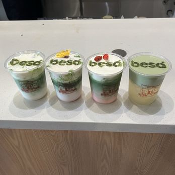 Besa - Left to right: Matcha with vanilla cold foam, Guava Matcha, Strawberry Matcha, Island Matcha - Coffee & Tea Near Me - Santa Ana, California Besa - Left to right: Matcha with vanilla cold foam, Guava Matcha, Strawberry Matcha, Island Matcha - Coffee & Tea Near Me - Santa Ana, California