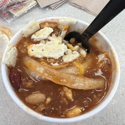 Wendy's - Chili with onions and cheese, but I thought the onions were supposed to be chopped up unless they changed the plans