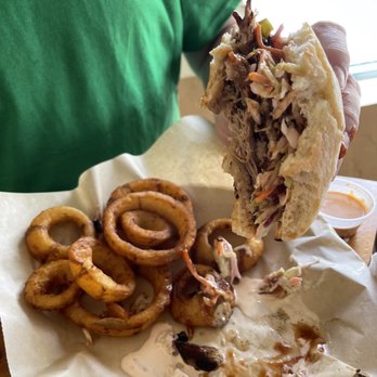 Spotted Dog Brewery - BBQ Pulled Pork Sandwich and onion rings - Breweries Near Me - Mesilla, New Mexico Spotted Dog Brewery - BBQ Pulled Pork Sandwich and onion rings - Breweries Near Me - Mesilla, New Mexico