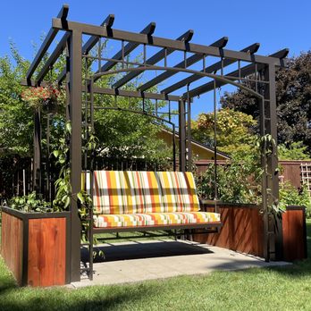 Gray Cat Fabrication - Trellis pergola with swinging bench/daybed - Metal Fabricators Near Me Gray Cat Fabrication - Trellis pergola with swinging bench/daybed - Metal Fabricators Near Me