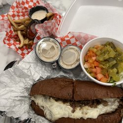 Galligaskin's Submarines Restaurant & Catering - Cheesesteak - extra meat and cheese - garnish on side with fries. sprite not pictured