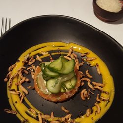 The Devonshire - Lightly cured salmon tartare, soused cucumber, wild rice, dill and egg yolk sauce